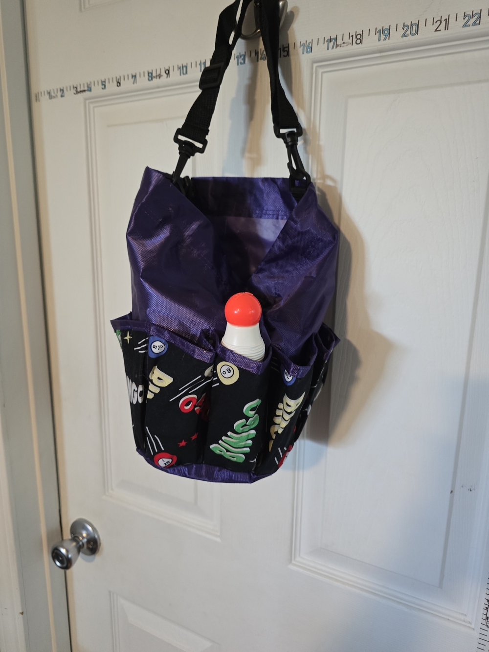 Purple and Black Hanging Organizer Tote with Graphic Pockets